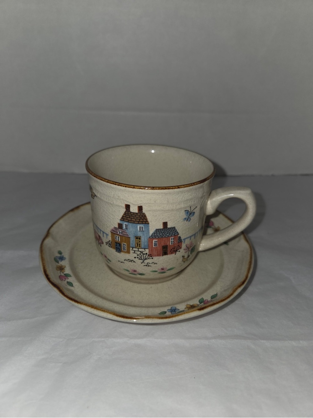 Vintage Cream Ceramic Demitasse Cup & Saucer with Cottage Village Motif